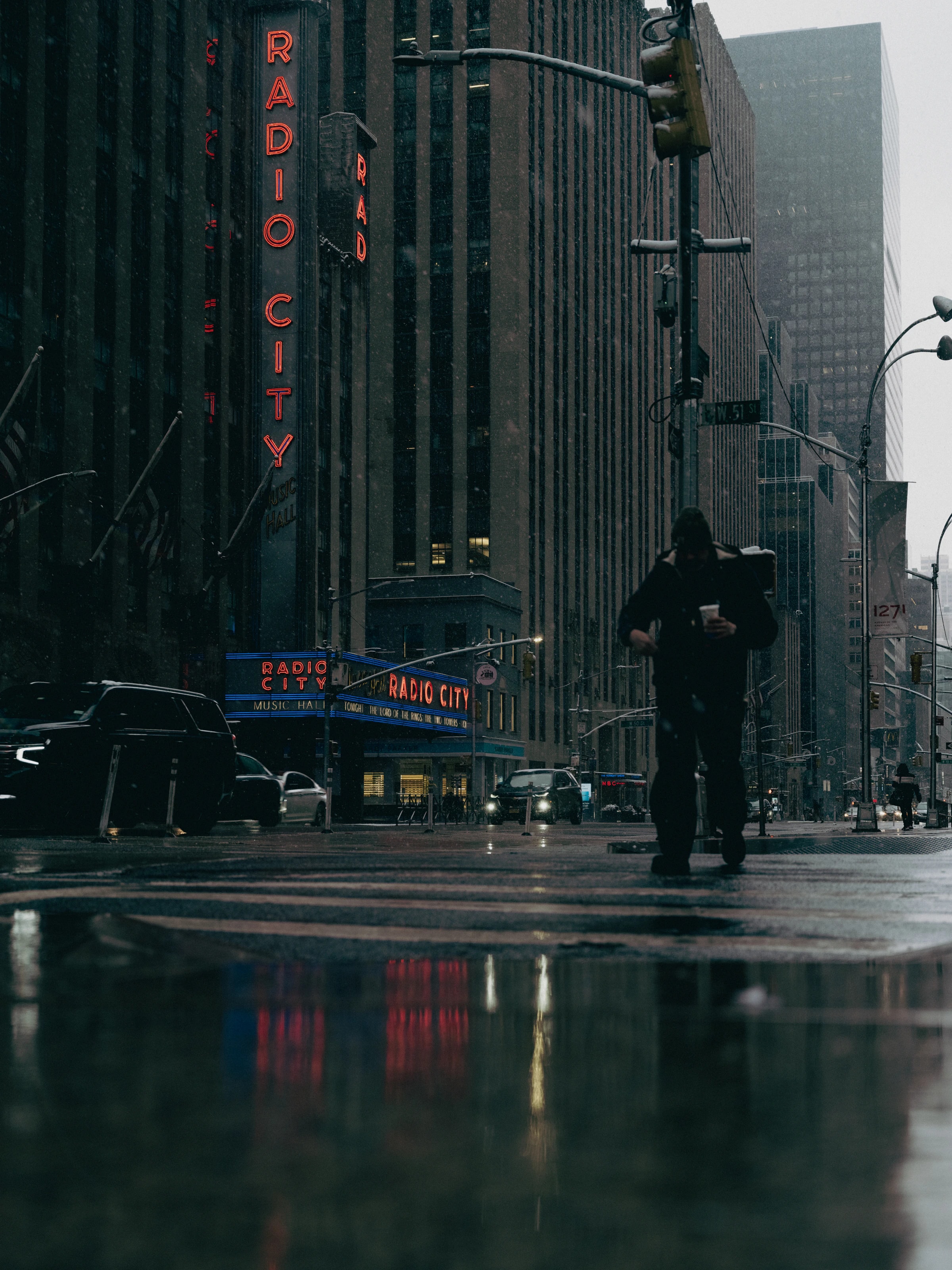 Radio City Music Hall on a dark, wet day, New York